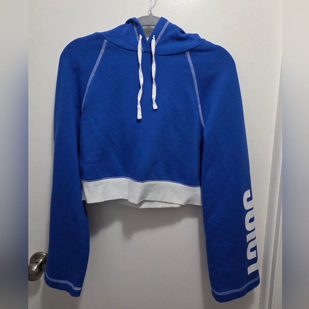 JUICY COUTURE Women's Cropped Hoodie Sweatshirt Sz S Blue Bell Sleeve